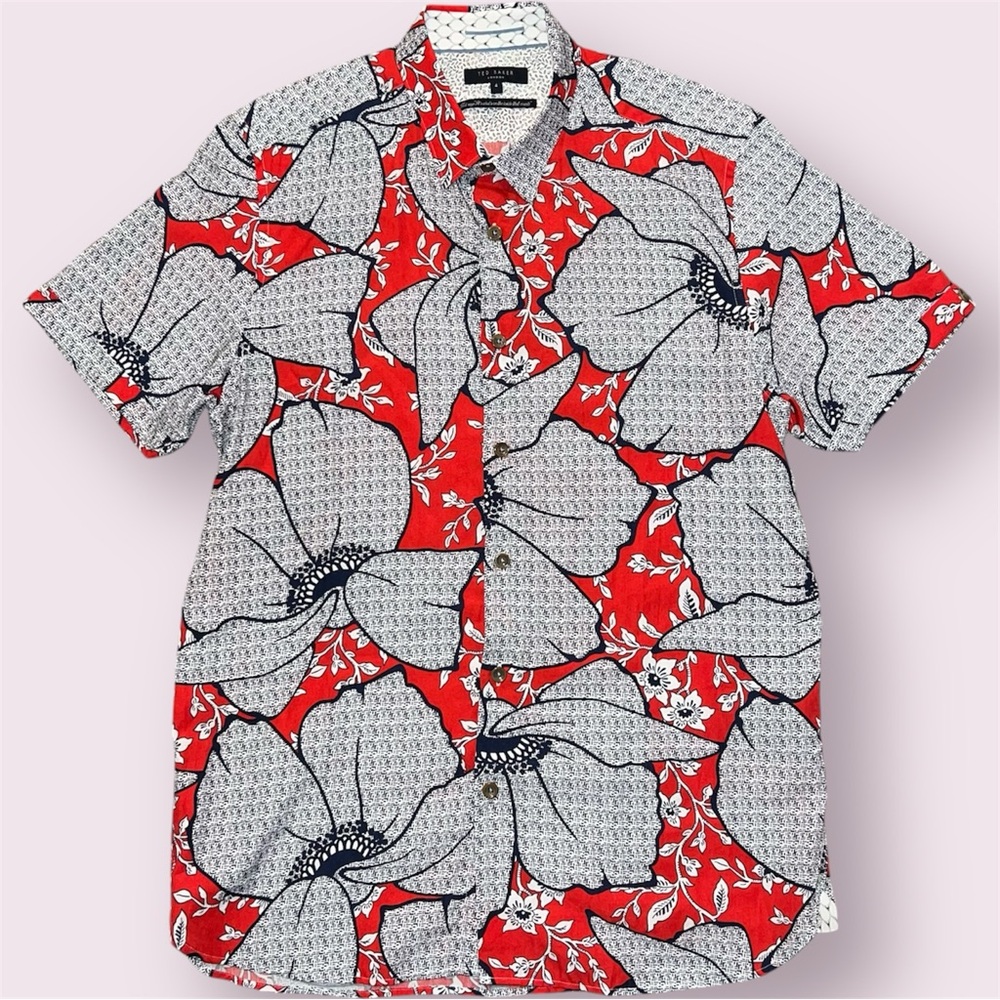 Ted Baker London 100% Lyocell Hawaiian Shirt Floral Red White & Blue Mens Size 4